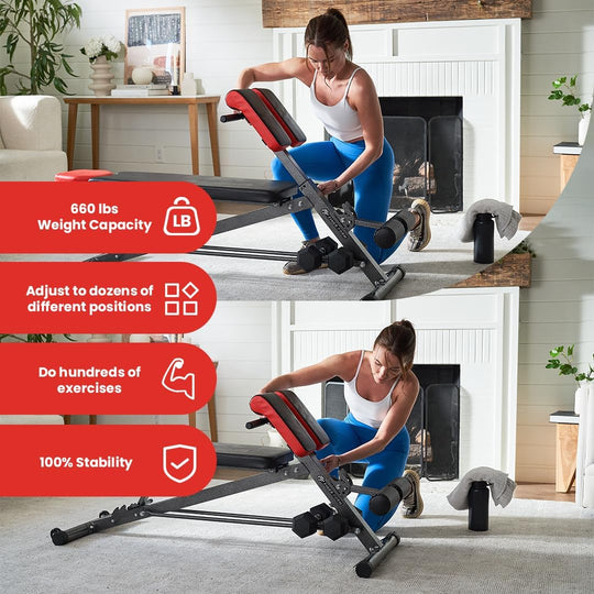 Finer Form Multi-Functional Adjustable Weight Bench for Comprehensive Home Gym Workouts - Ideal for Back Hyperextension, Bench Press, Roman Chair Exercises, and Sit-Ups with Decline and Flat Settings.