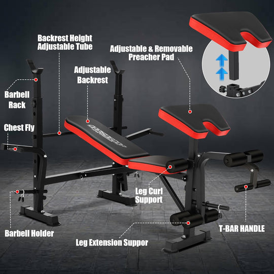 660 lbs 6-in-1 Adjustable Weight Bench Set with Squat Rack, Leg Developer, and Preacher Curl Rack for Home Gym Strength Training